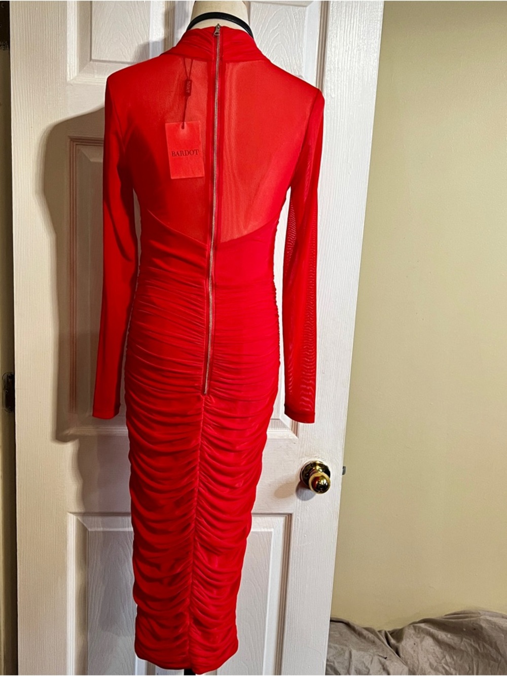 New Bardot Wms Aliyah Fire Red Sheer Ruched Crisscross L/S Coquette Midi Dress M - Picture 8 of 15